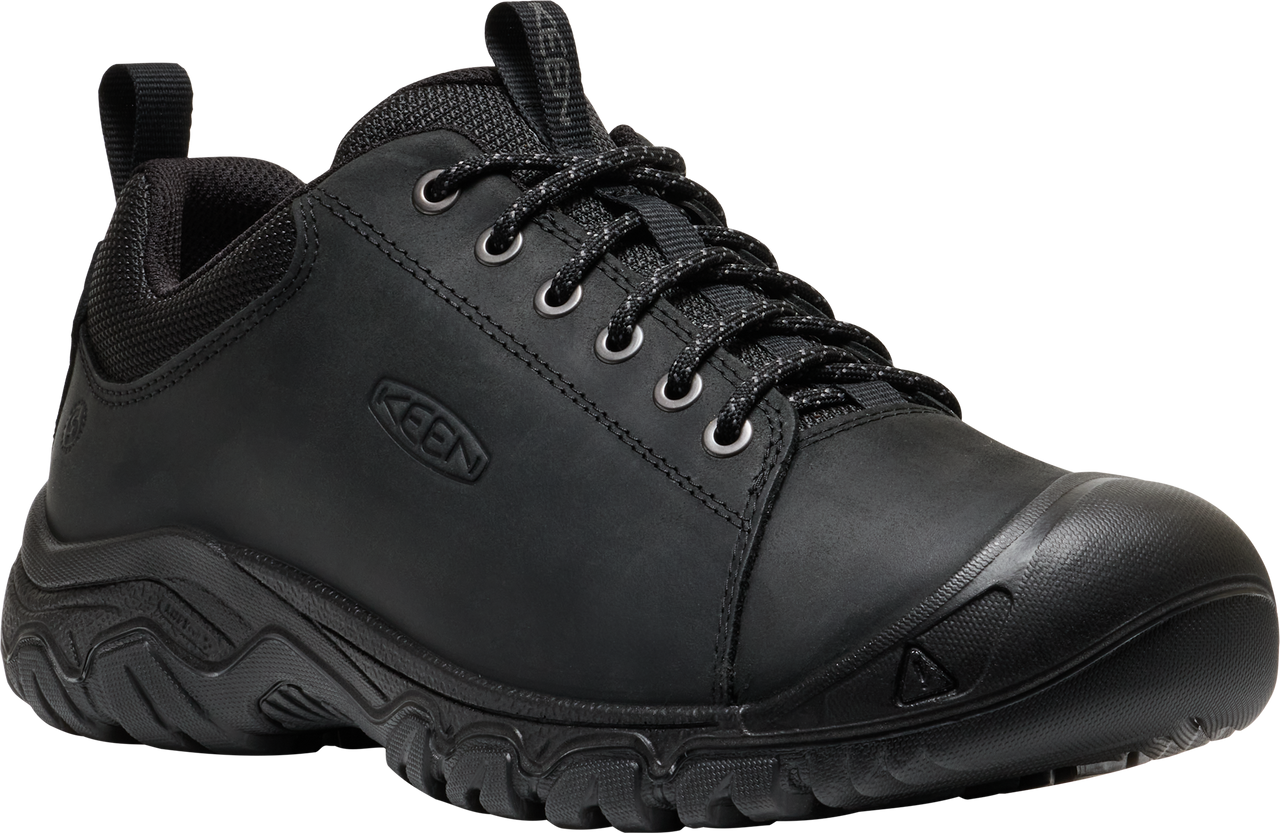 Black low-top hiking shoe with a lace-up closure.
