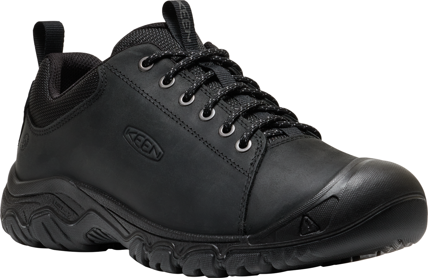Black low-top hiking shoe with a lace-up closure.
