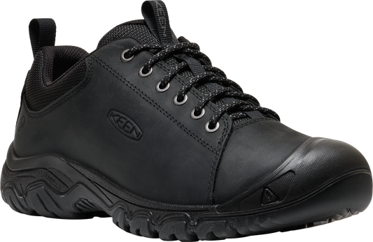 Black low-top hiking shoe with a lace-up closure.