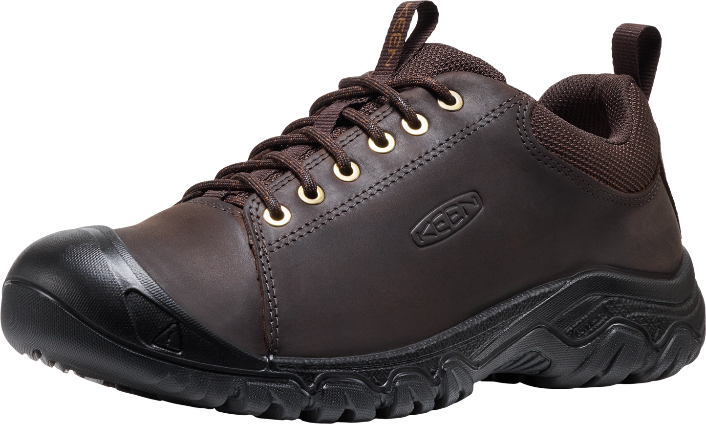 A brown leather hiking shoe with black toe cap and sole. Has brown laces and gold eyelets.