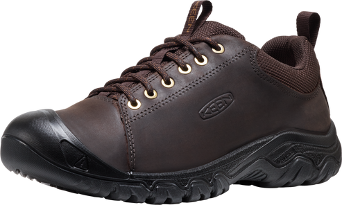 A brown leather hiking shoe with black toe cap and sole. Has brown laces and gold eyelets.
