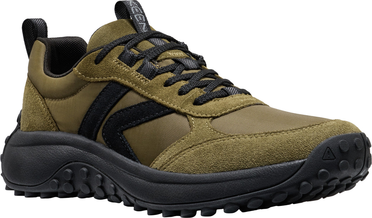 Olive green casual sneaker with black laces and sole. Suede details and side logo.