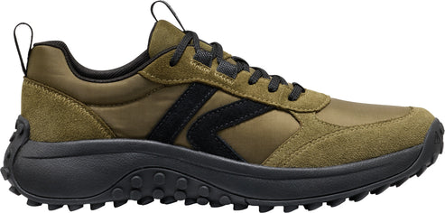 A low-top olive green sneaker with black laces and sole.