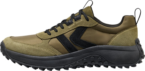 A low-top sneaker with black laces and a thick black treaded sole.
