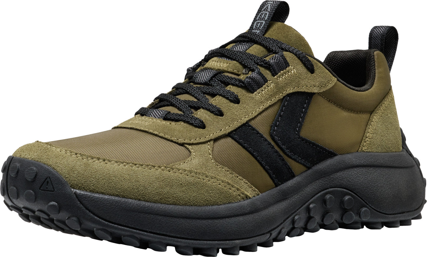 Olive-green low-top sneaker with black laces and sole, featuring a dark side stripe and a heel pull tab.