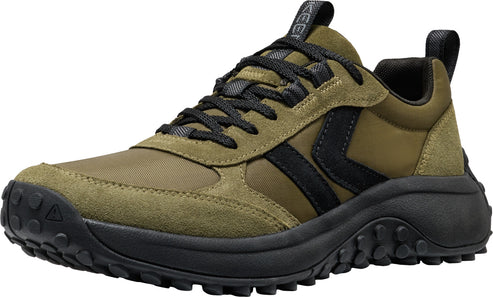 Olive-green low-top sneaker with black laces and sole, featuring a dark side stripe and a heel pull tab.