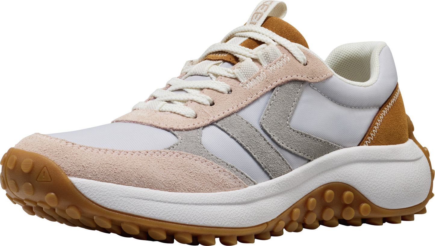 A low-top, white sneaker with off-white laces, peach trim, a grey logo, a brown padded tongue and collar, and a white and brown treaded sole.