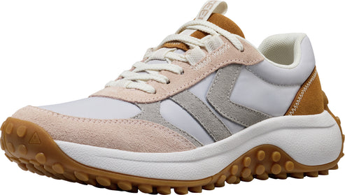 A low-top, white sneaker with off-white laces, peach trim, a grey logo, a brown padded tongue and collar, and a white and brown treaded sole.