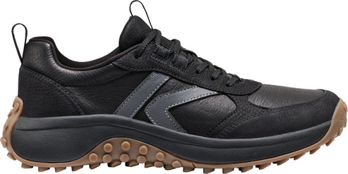 Black leather sneaker with a brown lug sole.