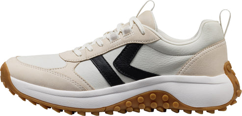 A shoe with a white sole and a black logo.