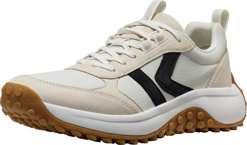 Low top off-white sneaker with black chevron and brown sole.