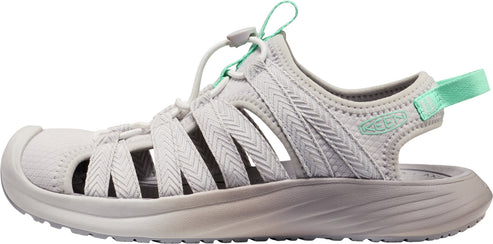 A gray sandal with aqua accents.