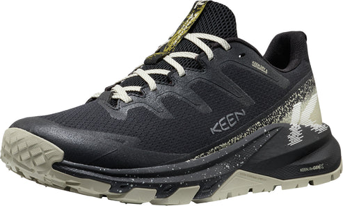 Black hiking shoe with KEEN logo, textured sole, and white laces.