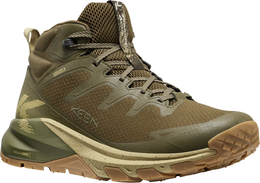 Olive green hiking boot with a high ankle, brown sole, and mesh upper.
