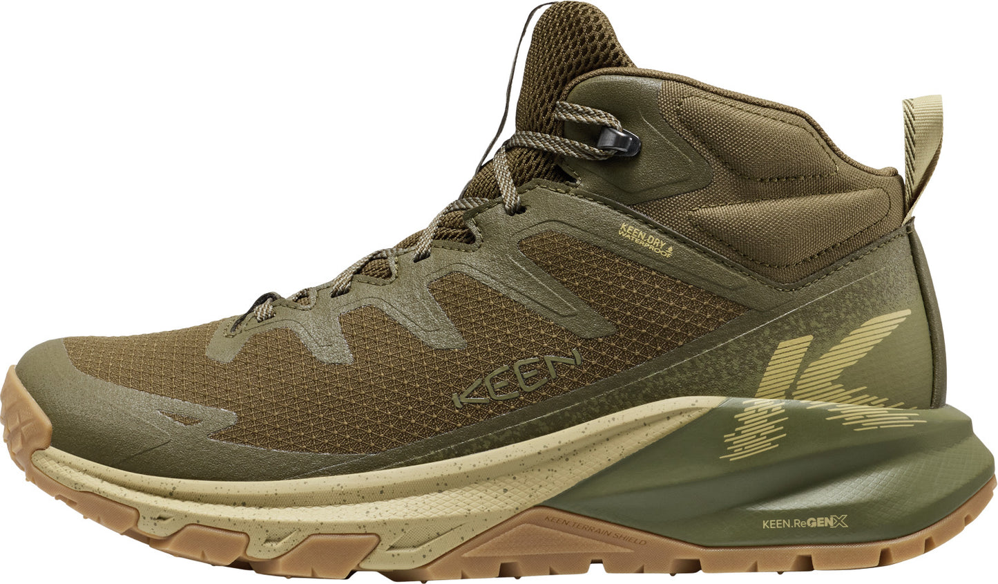 Olive-colored hiking boot with a high ankle, brown sole, and 'KEEN' logo.