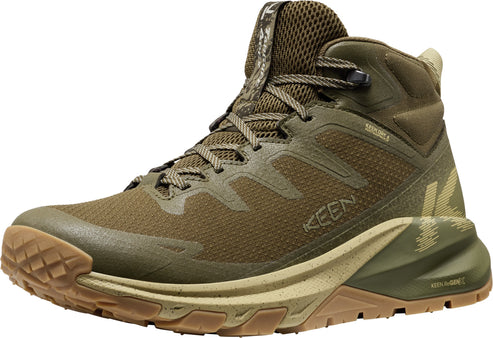 Olive, mid-height hiking boot with brown sole and laces.