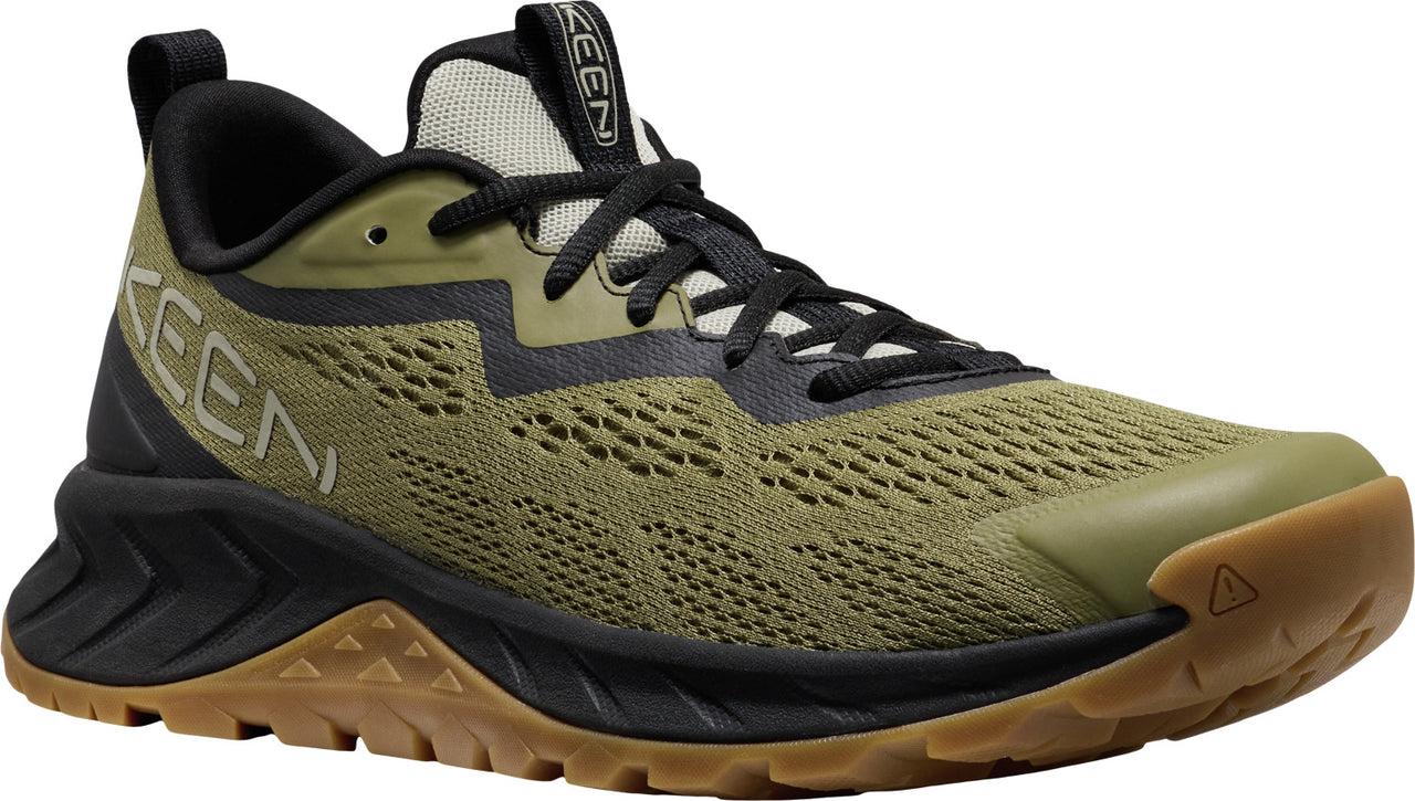 Olive green athletic shoe with black laces and midsole, Keen logo visible on side.