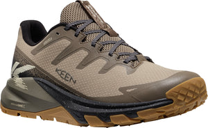 Tan and brown athletic shoe with brown laces and thick sole.
