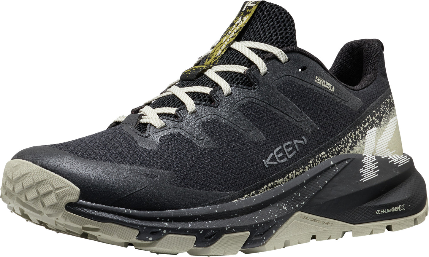 Black athletic shoe with light gray laces and sole, 'KEEN' on the side.