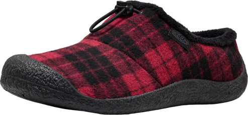 A slip-on shoe featuring a red and black plaid felt upper, a black rubber toe cap, a thick black textured rubber sole, and a black cord lock lacing system on the top, with a dark fuzzy interior lining and a small Keen tag on the side.