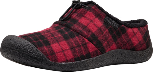 A slip-on shoe with a red and black plaid felt upper, a black rubber protective toe cap, a black bungee cord lacing system, and a black sole.