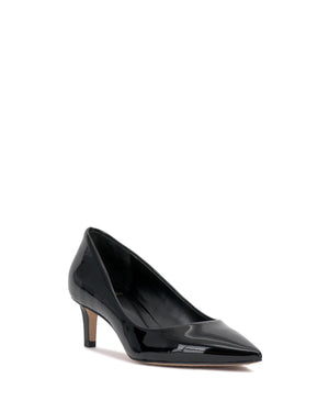 Black patent leather pump with pointed toe and kitten heel.