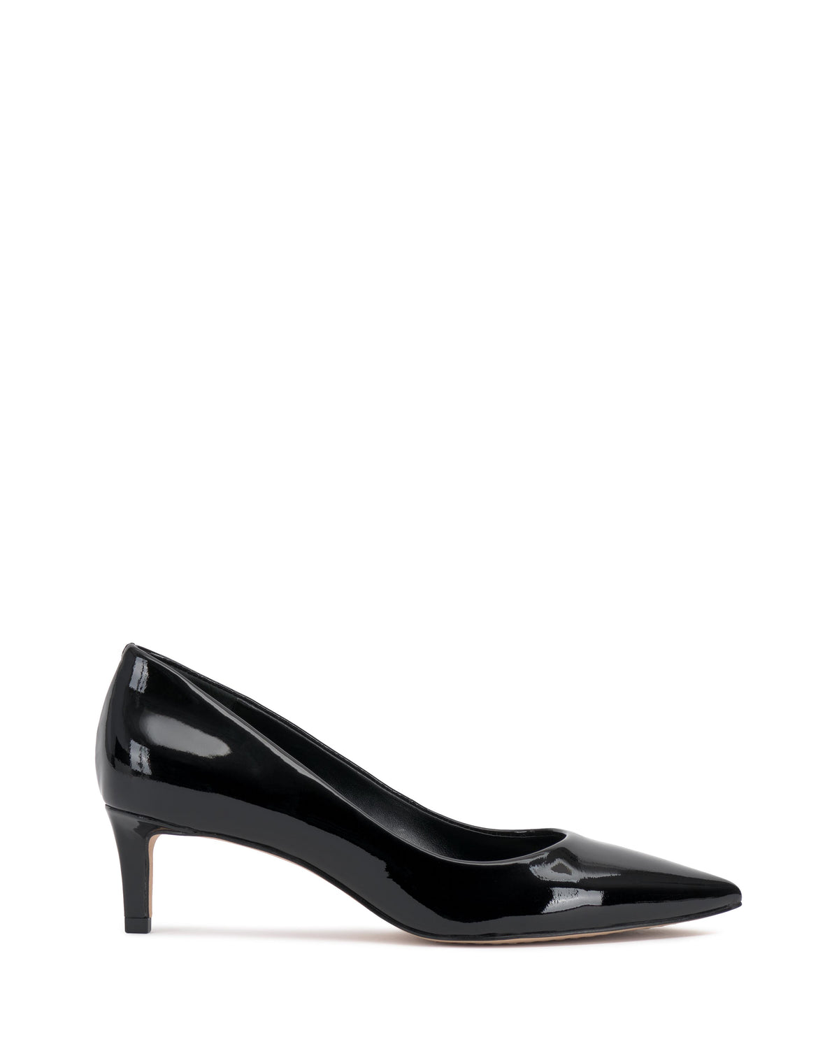 Black patent leather pointed-toe pump with a short heel.