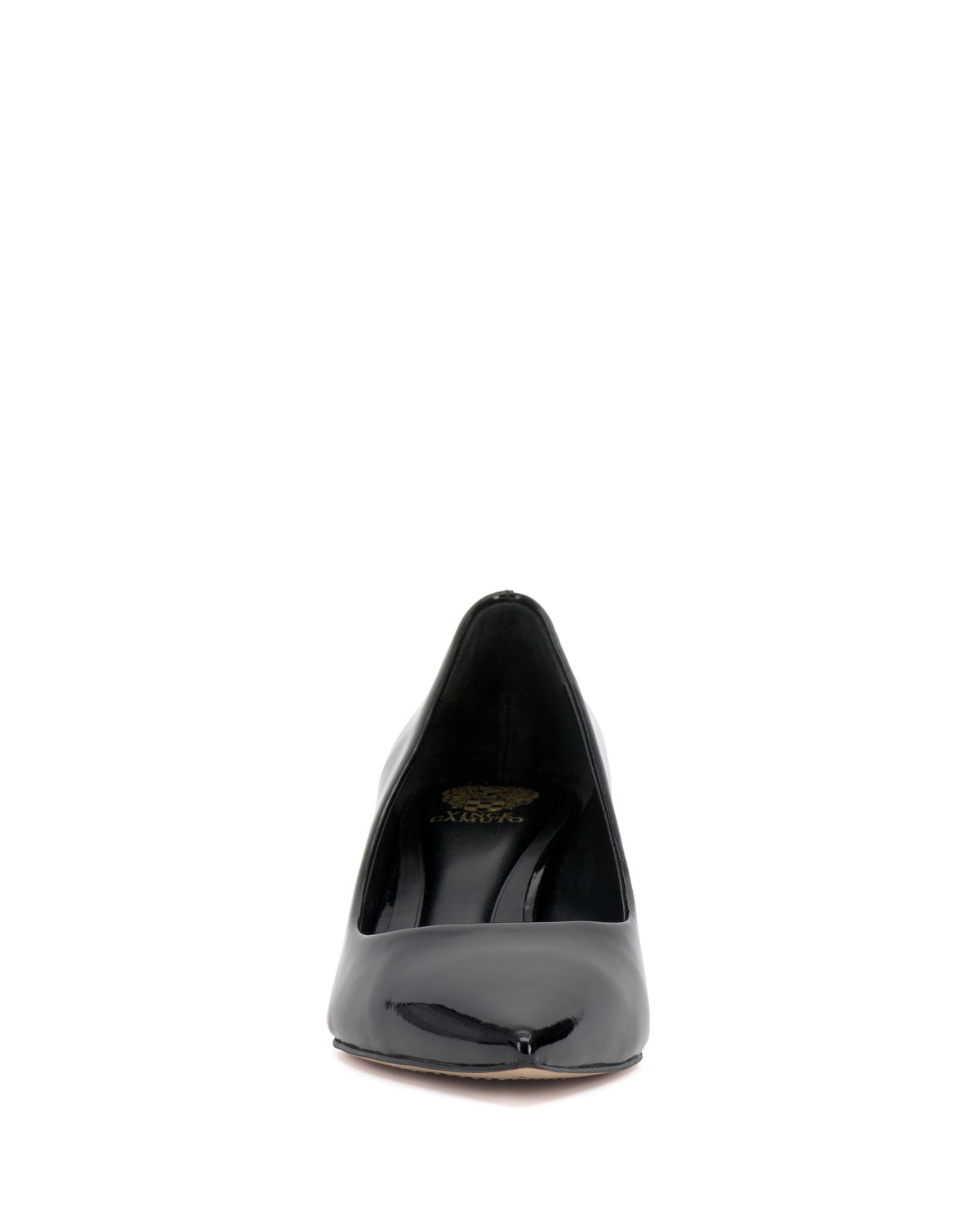 Front view of a black shiny pointed-toe high heel.