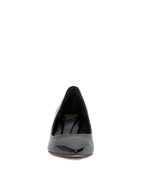 Front view of a black shiny pointed-toe high heel.