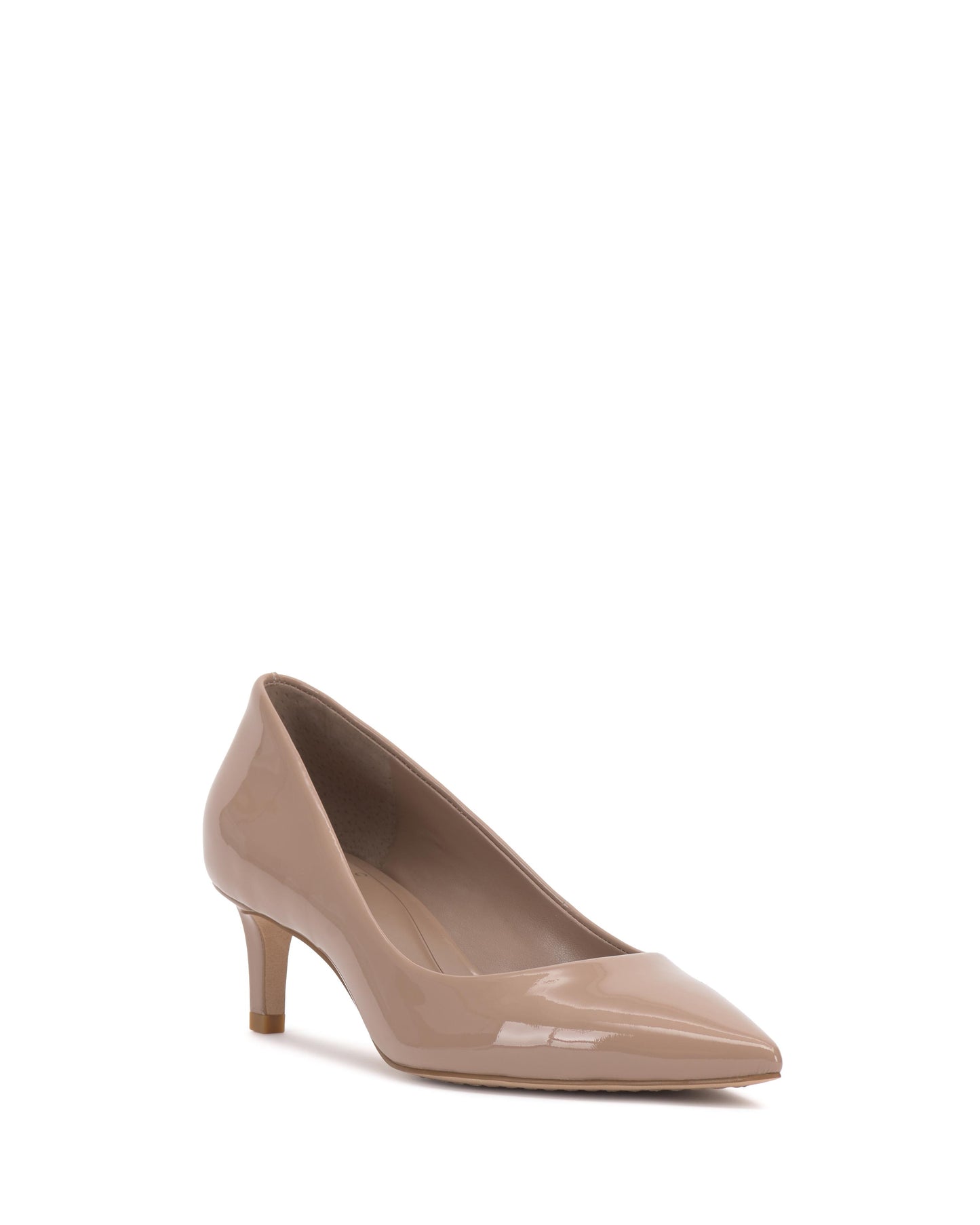 Tan patent leather stiletto heel.
