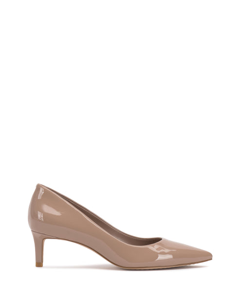 Beige patent leather heeled pump with a pointed toe and a short heel.