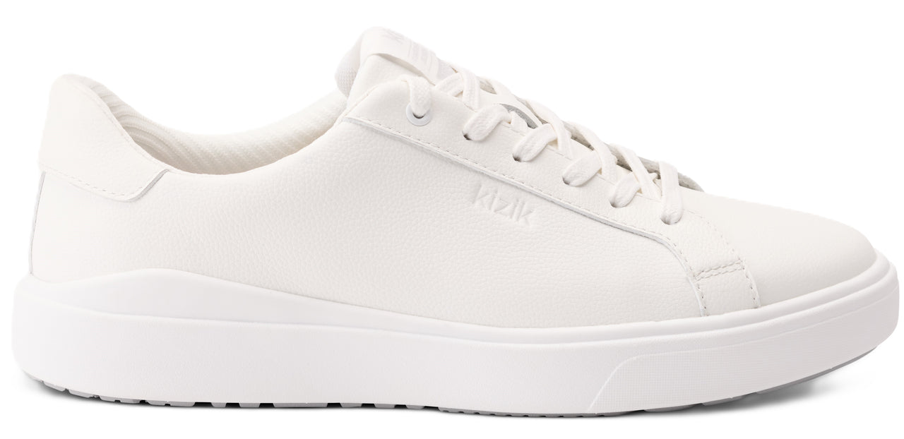 White sneaker with laces.