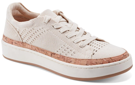 Beige knit sneaker with cork trim and white laces.