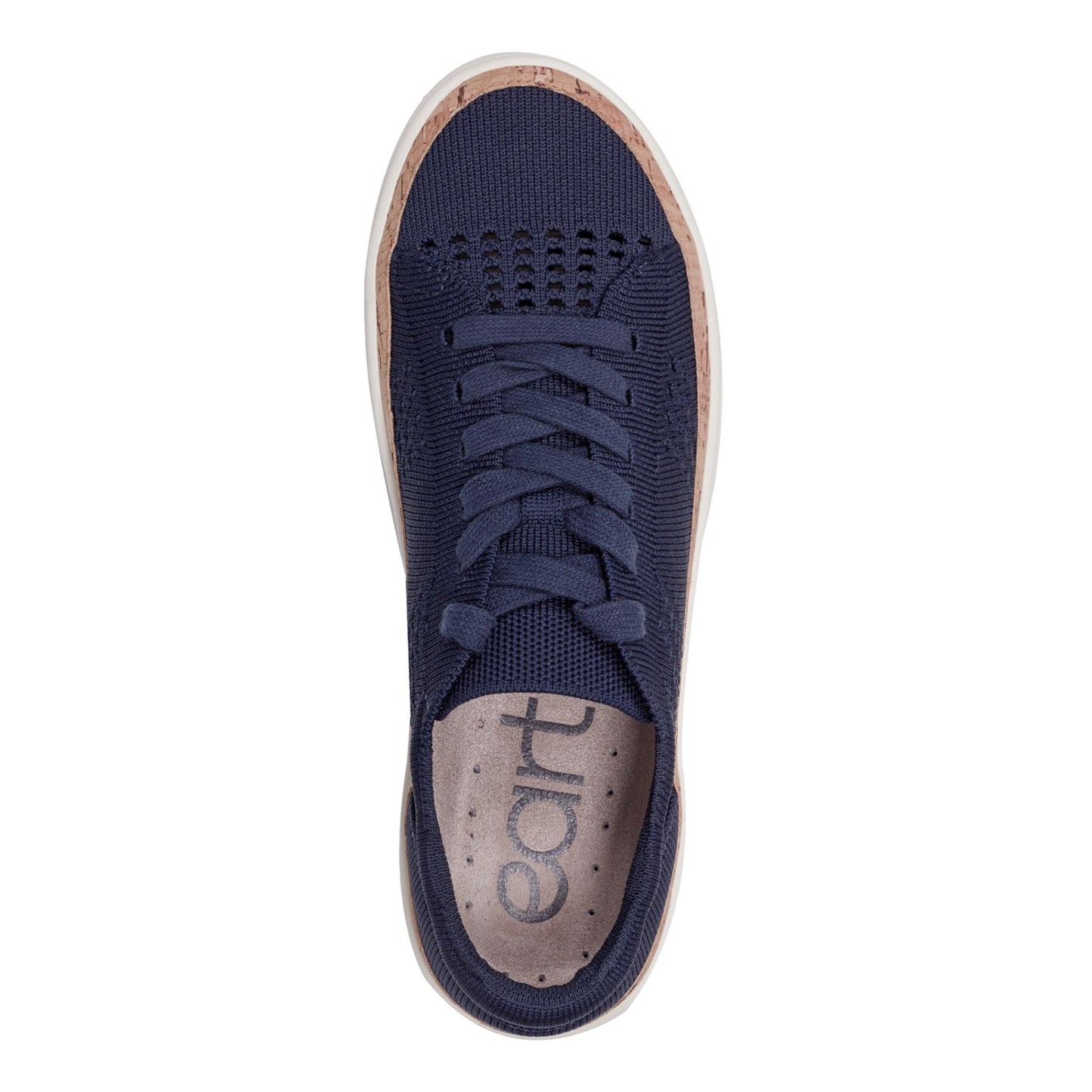 Top-down view of a navy blue knit sneaker with cork trim and 'earth' printed on the insole.