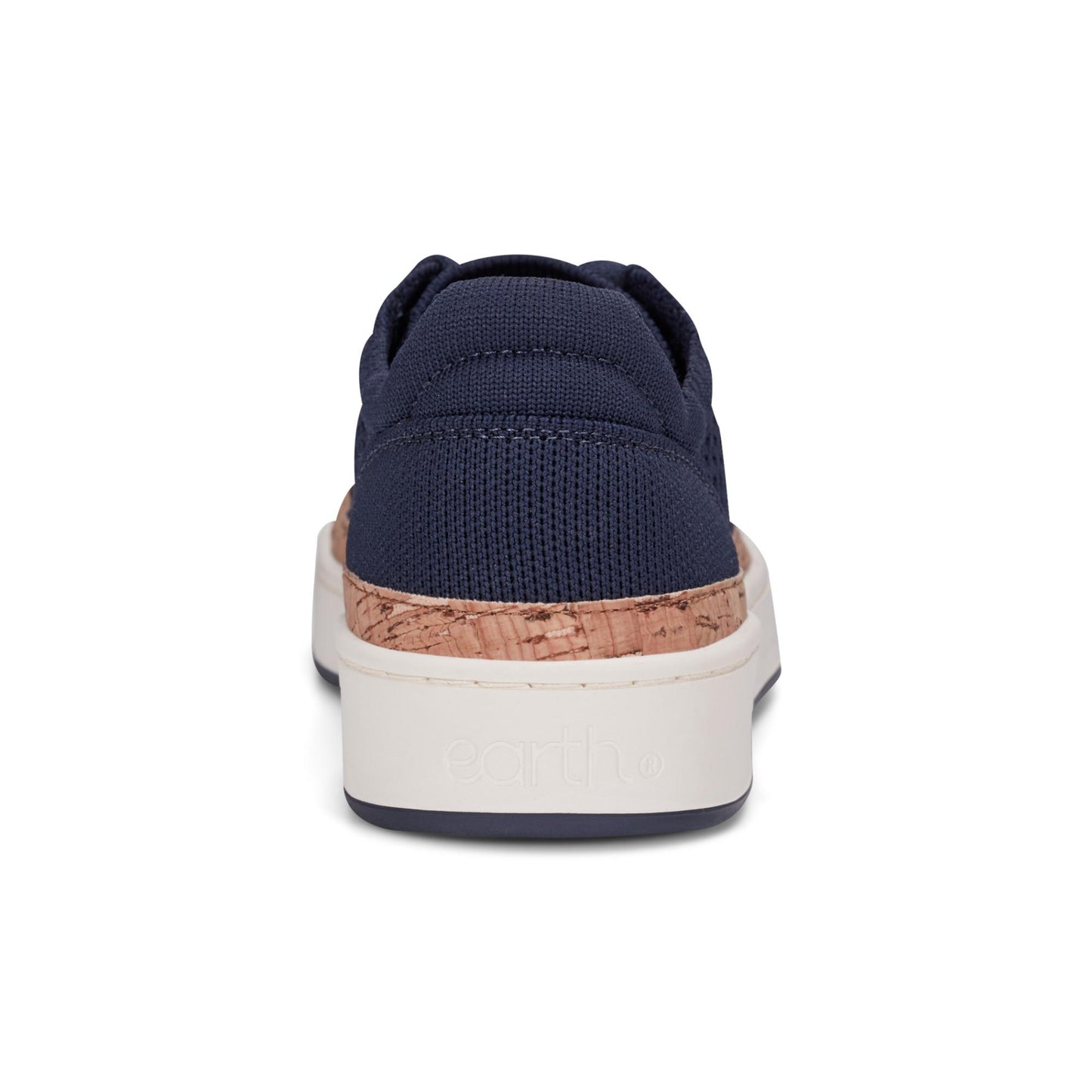 Rear view of a navy blue sneaker with a cork accent and a white sole.