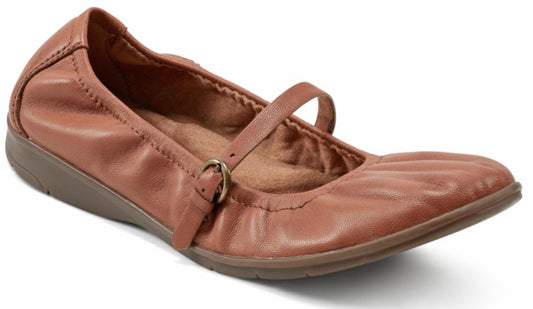 A brown leather Mary Jane style flat with a bronze buckle.