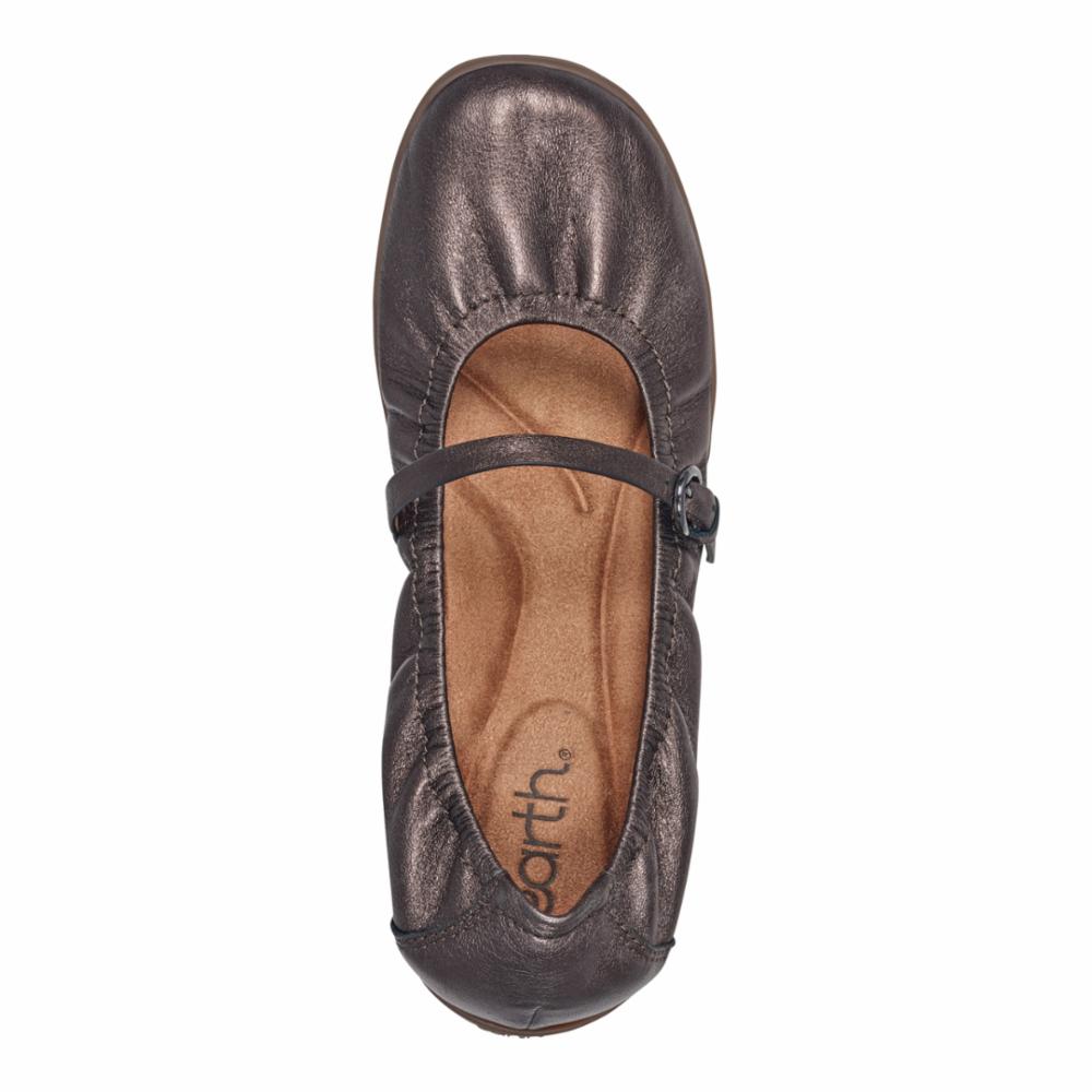 Top-down view of a dark silver Earth Origins Mary Jane ballet flat featuring a buckled strap.