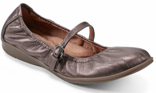 Brown Mary Jane style flat shoe with a buckle strap.