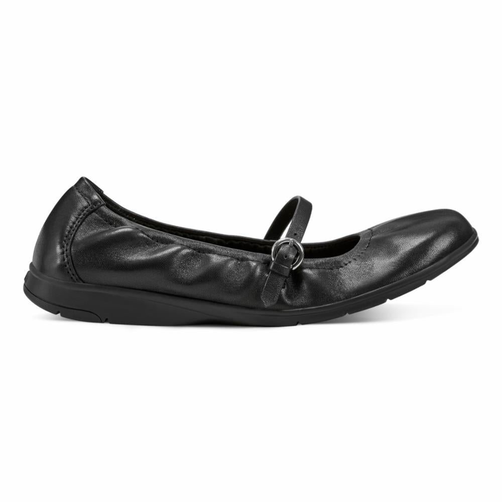 Black ballet flat with a buckled strap.