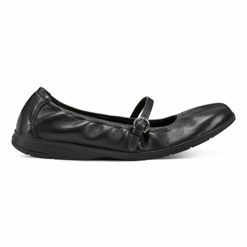 Black ballet flat with a buckled strap.