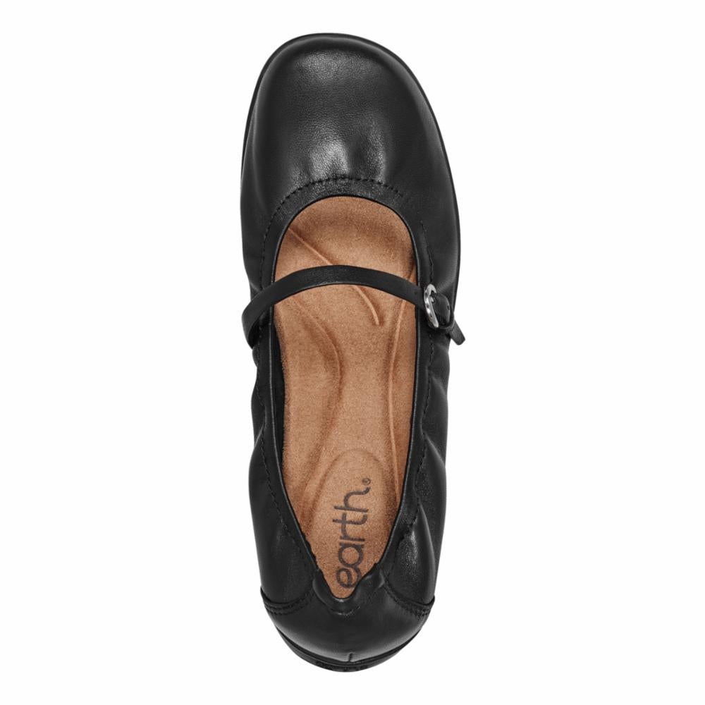 Black Mary Jane style ballet flat with buckle strap and gathered elastic heel.