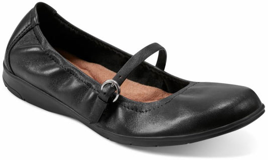 Black leather Mary Jane ballet flat with a thin adjustable strap and silver buckle.