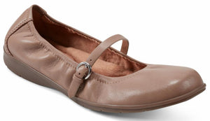 Taupe leather ballet flat with buckle strap.