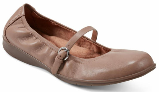 Taupe leather ballet flat with buckle strap.