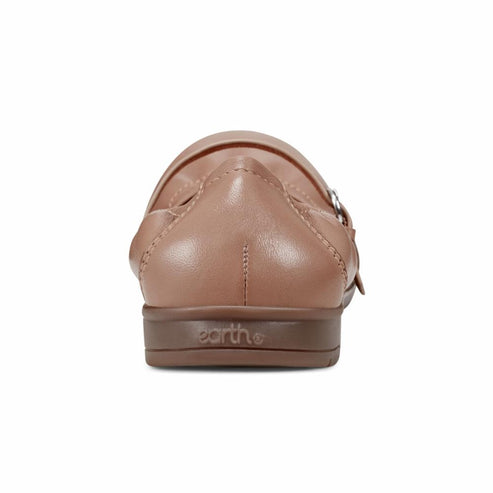 Back view of a closed toe tan leather Mary Jane style shoe with the word "earth" visible on the sole.