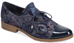 Navy blue patterned low-heel dress shoe with lace closure and glossy toe.