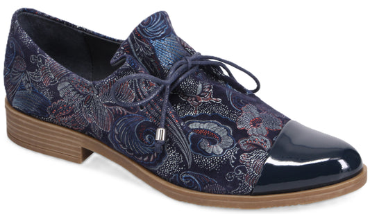 Navy blue patterned low-heel dress shoe with lace closure and glossy toe.