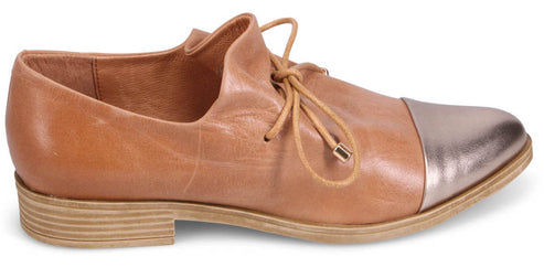 Tan leather loafer with metallic bronze toe and matching laces.