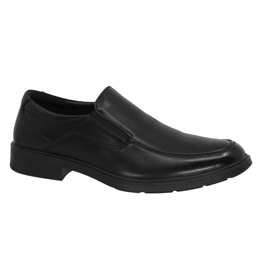 Black leather slip-on dress shoe with a low heel.