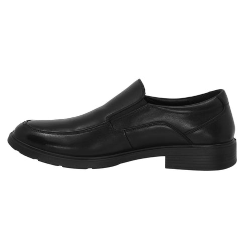 Black leather slip-on dress shoe with a rounded toe.
